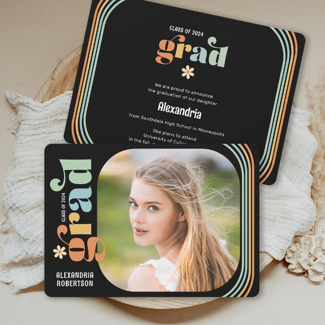 Faire-part Boho Daisy Annonce de Diplôme Rétro Texte Photo (Créateur téléchargé)