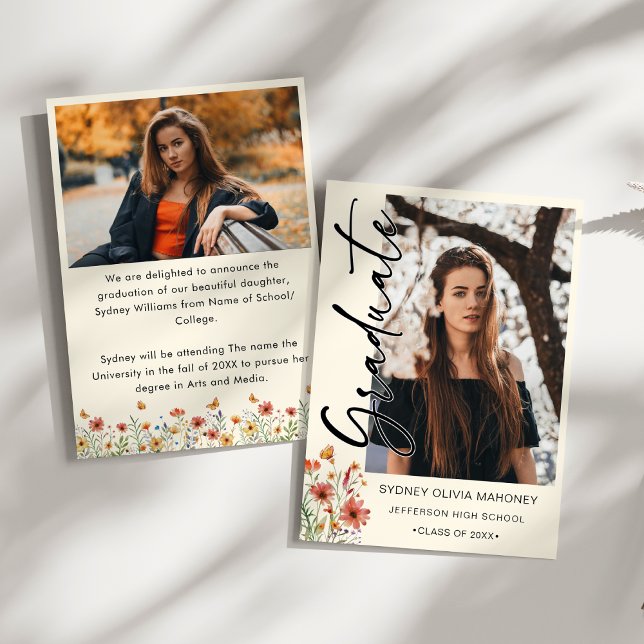 Faire-part Boho Fleur sauvage 2 Photos Graduation (Boho Watercolor Graduation Announcement – 2 Photo Collage, Wildflowers & Butterflies – Whimsical)