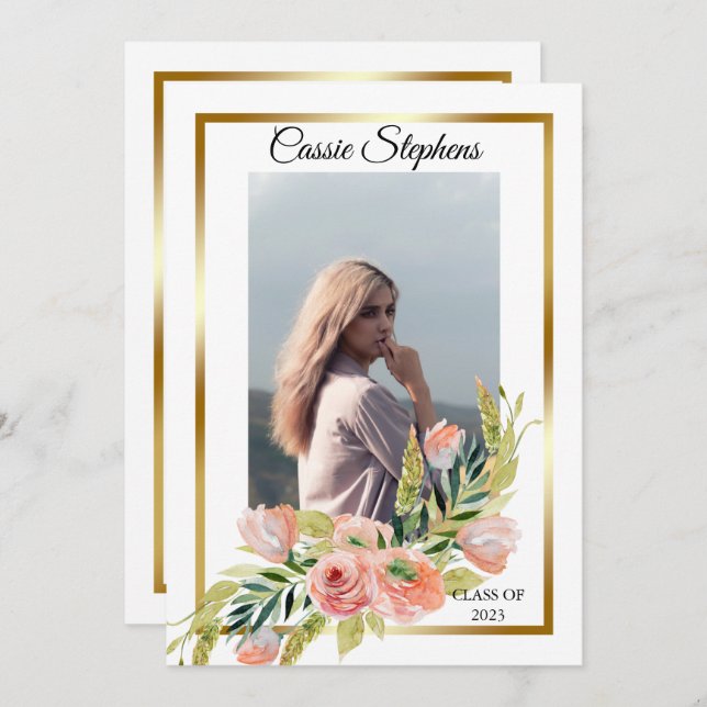 Faire-part Boho Floral 4 Photo Collage Gold Frame Graduation  (Devant / Derrière)