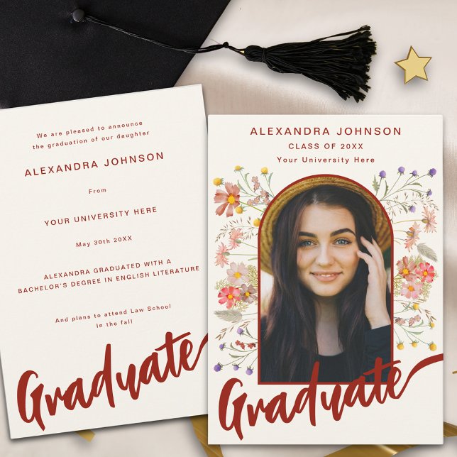 Faire-part Boho Floral Diplômé Photo Arche Écriture Moderne (Boho floral burnt orange script graduate photo arch Graduation announcement card)