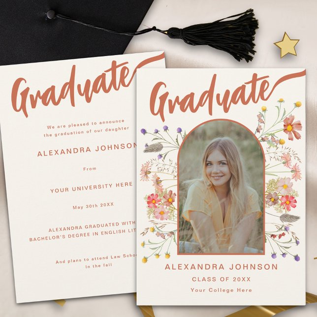 Faire-part Boho Floral Diplômé Photo Orange Brûlé Script (Boho floral graduate photo burnt orange script graduation announcement card watercolor wildflowers )