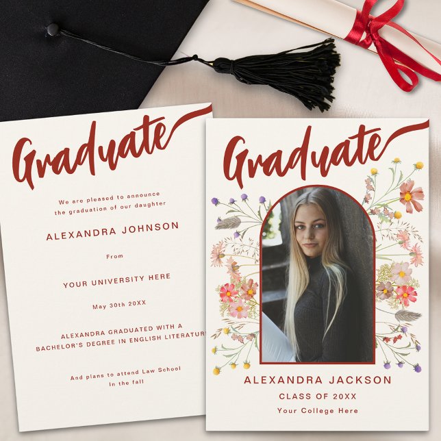 Faire-part Boho Floral Graduate Photo Arch Élégant Script (Boho floral burnt orange script graduate photo arch graduation announcement card wildflowers)