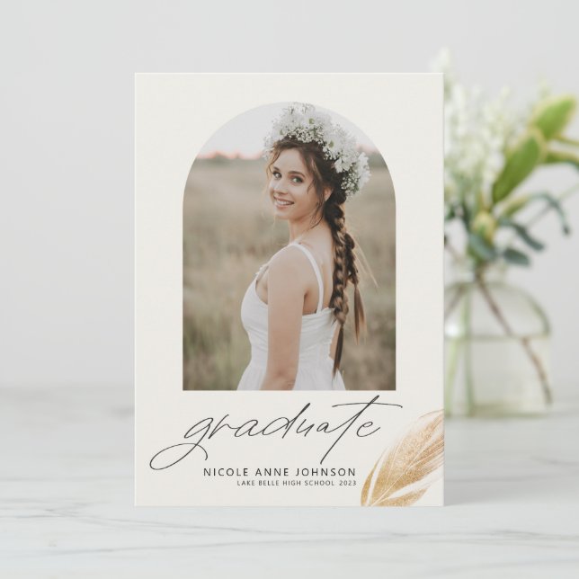 Faire-part Boho Gold Parties scintillant Feather Photo Gradua (Debout devant)
