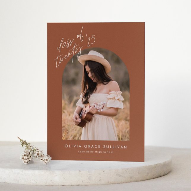 Faire-part Boho Terracotta Arch Photo Graduation (Customizable photo graduation announcement featuring arch photo overlay on terracotta background.)