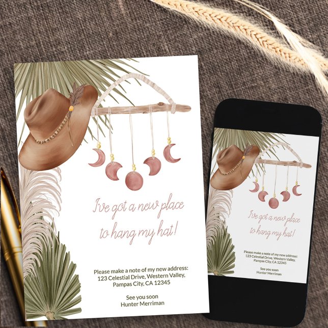 Faire-part Boho Western Un nouvel endroit pour accrocher le C (cowgirl hat new address card available printed or as printable digital download)
