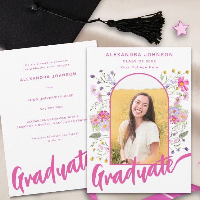 Faire-part Boho Wildflower Diplômée Photo Arche Écriture Rose (Boho floral arch graduate photo hot pink script Graduation announcement card)