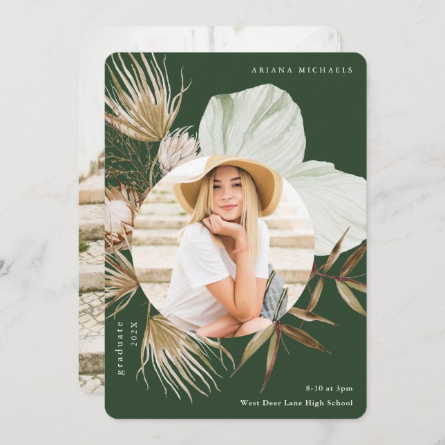 Faire-part Boho Wreath Two Photo Graduation Green (Devant / Derrière)