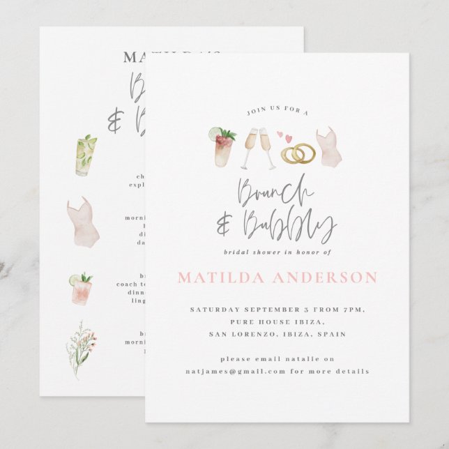 Faire-part Boissons d'aquarelle brunch et bachelorette mousse (Devant / Derrière)