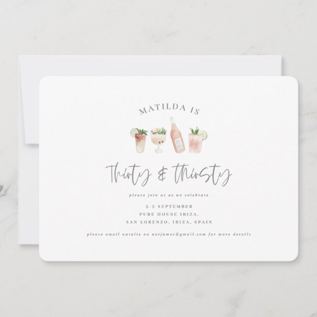 Faire-part boissons peintes à l'aquarelle trente & soif (Devant)