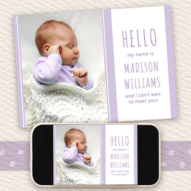Faire-part Bonjour bébé fille photo Sweet Lilac naissance (Hello Baby Birth Announcement with message on the back)