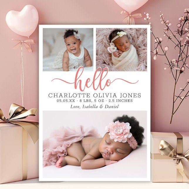 Faire-part Bonjour Fille de Script Photo de naissance Collage (Créateur téléchargé)