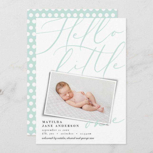 Faire-part Bonjour moderne 1 photo aqua script typographie (Devant / Derrière)