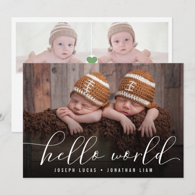 Faire-part Bonjour Monde Calligraphie Stylée Collage Photo Ju (Devant / Derrière)