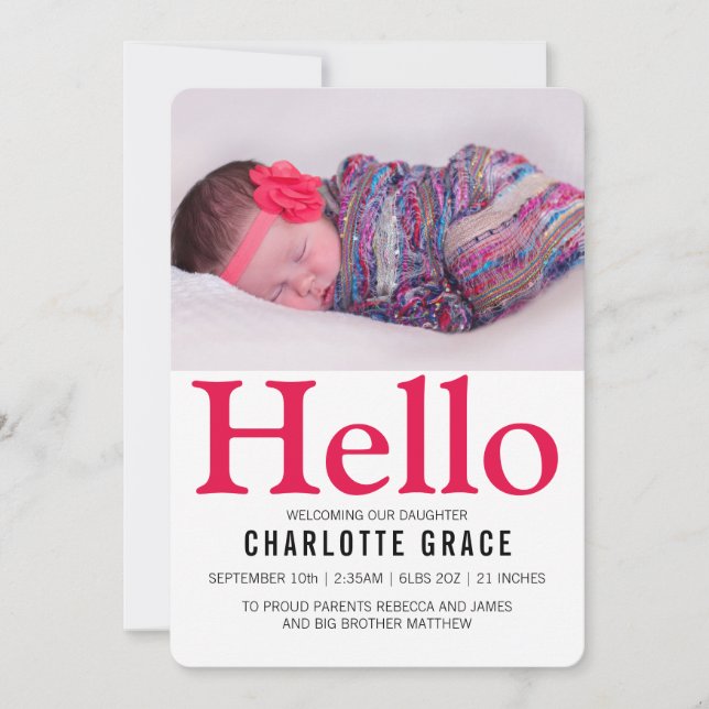 Faire-part Bonjour Nouveau bébé rose brillant Personnalisé (Devant)