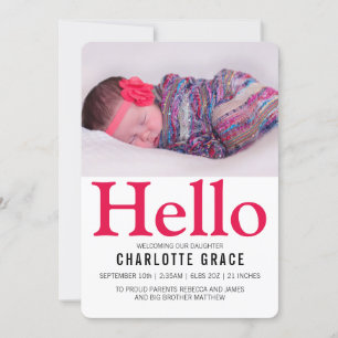 Faire-part Bonjour Nouveau bébé rose brillant Personnalisé