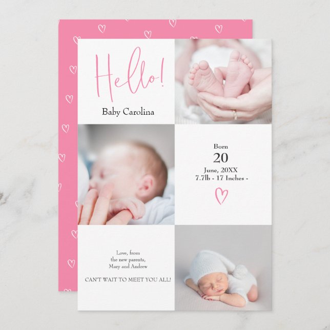 Faire-part Bonjour rose rose blanc 3 photos naissance bébé (Devant / Derrière)