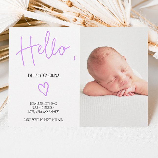 Faire-part Bonjour script coeur pourpre photo bébé fille nais (Créateur téléchargé)