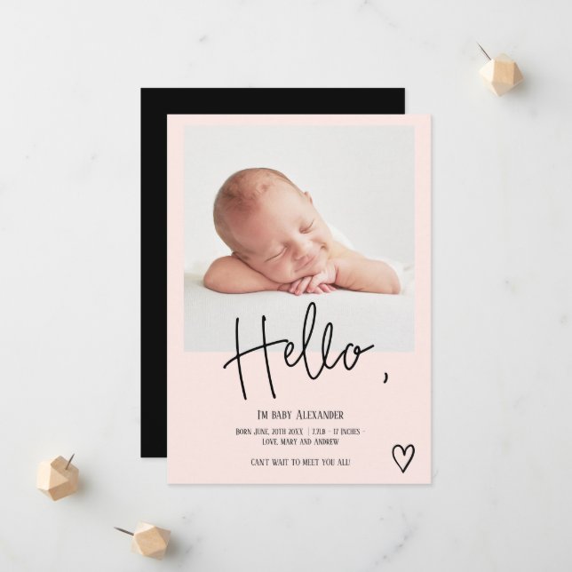 Faire-part Bonjour script de coeur photo blush mignon bébé na (Devant/Arrière en situation)