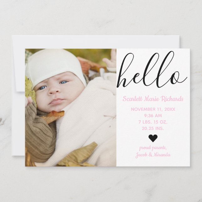 Faire-part Bonjour Script Photo Rose - Annonce de Naissance (Devant)