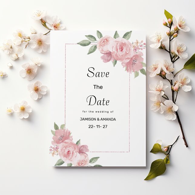 Faire-part botanique mint pastelle rose Save The D (Botanical mint pastel pink floral Save The Date)