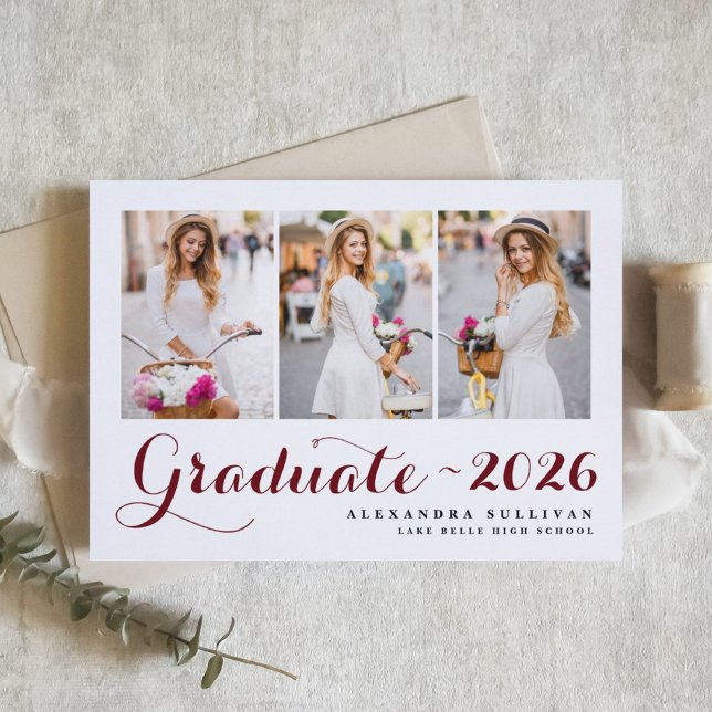 Faire-part Bourgogne Classe de 2024 Collage photo Graduation (Customizable burgundy photo graduation announcement featuring modern calligraphy. )