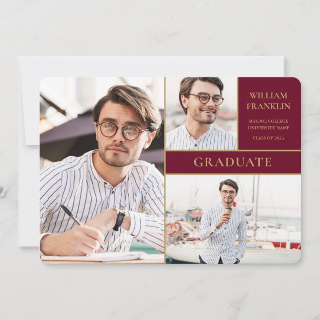 Faire-part Bourgogne Diplômé Or 3 Photo Collage Graduation (Devant)
