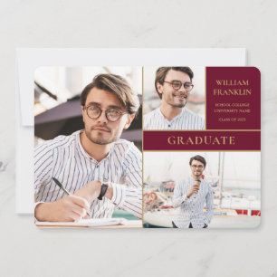 Faire-part Bourgogne Diplômé Or 3 Photo Collage Graduation