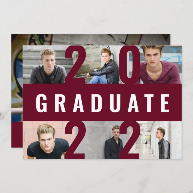 Faire-part Bourgogne graduation moderne photo collage audacie (Devant / Derrière)