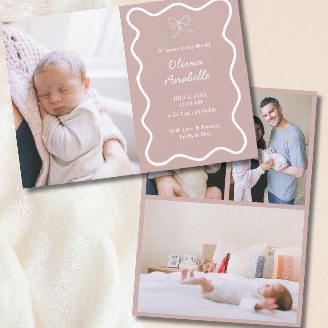 Faire-part Bow rose Dusty personnalisé Boho Wavy Collage Bébé (Custom Dusty Pink Bow Wavy Boho Collage Baby Birth Announcement
)