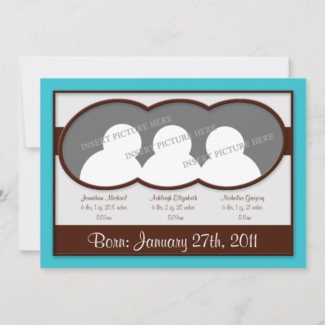 Faire-part Brown Cyan Blue Triplet Annonces de naissance (Devant)