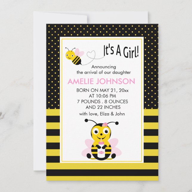 Faire-part Bumble Bee Baby Girl Birth Annouement Card (Devant)