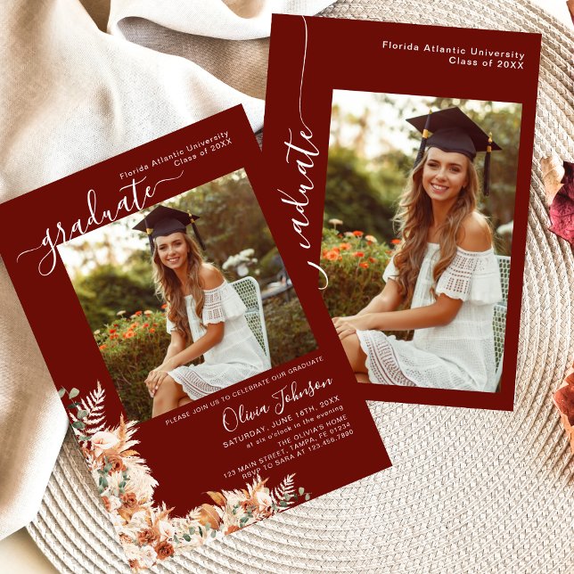 Faire-part Burgundy Boho Floral Photo Graduation Announcement (Créateur téléchargé)