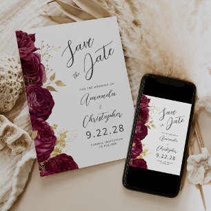 Faire-part Burgundy Gold Floral Script Enregistrer la date