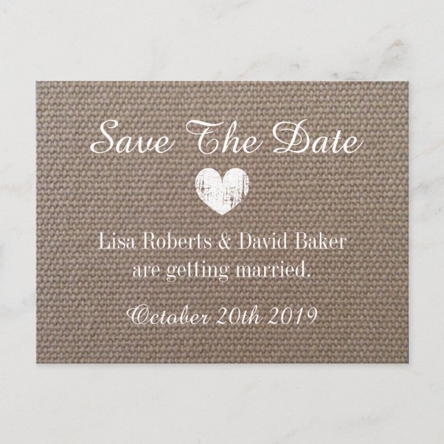 Faire-part Burlap Enregistrer la date Carte postale mariage a (Devant)