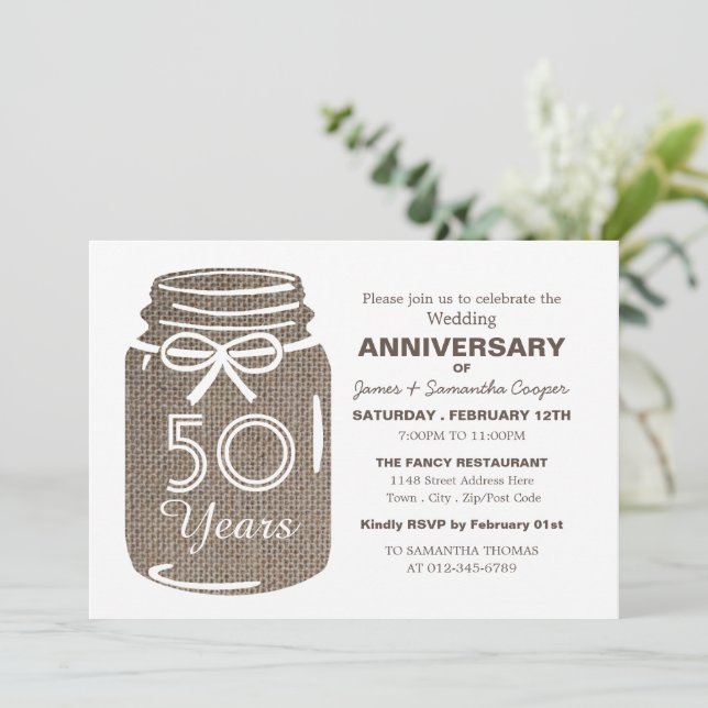 Faire-part Burlap Mason Jar, Anniversaire (Debout devant)
