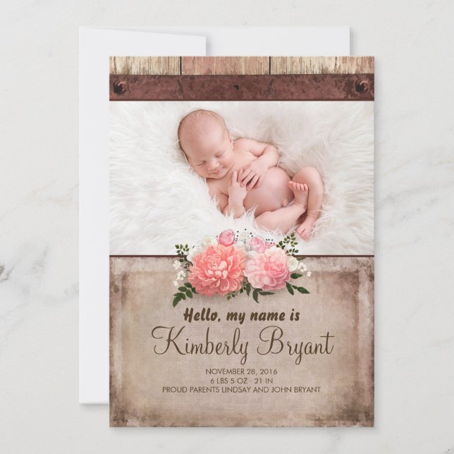 Faire-part Burlap rustique et Wood Baby Girl Photo Birth (Devant)
