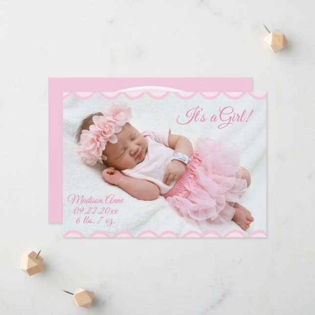 Faire-part C’est une fille Script Photo Rose Girly Elegant Bi (Devant/Arrière en situation)