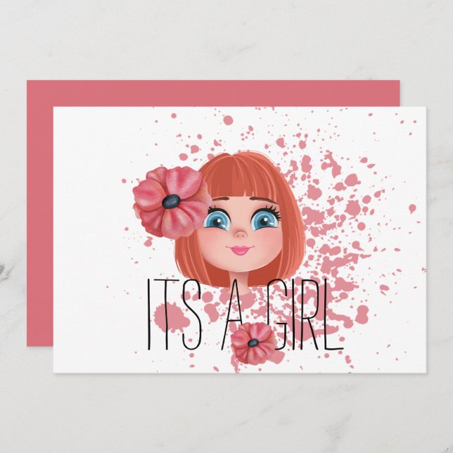 Faire-part C’est une fille, une fleur rose, une petite fille, (Devant / Derrière)