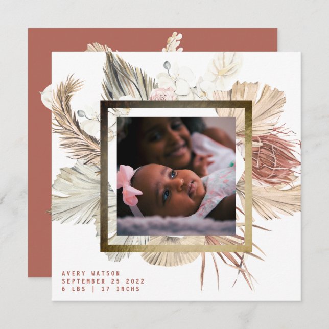 Faire-part Cadre à huile d'or Boho Pampas Boho Photo Naissanc (Devant / Derrière)