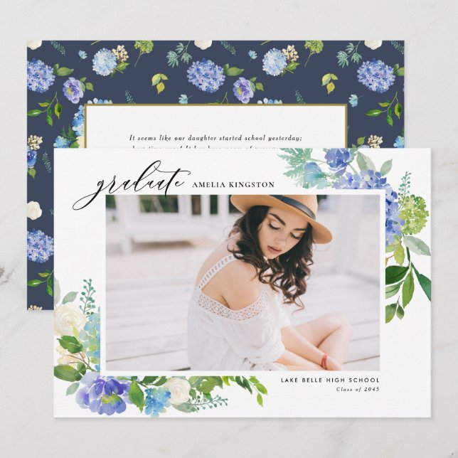 Faire-part Cadre photo Hydrangea Bleu Aquarelle pour diplômé (Devant / Derrière)