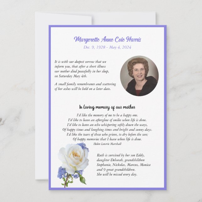 Faire-part Cadre photo Rose élégant Décès (Devant)