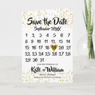 Faire-part Calendrier du cœur d'amour en or, enregistrez la d