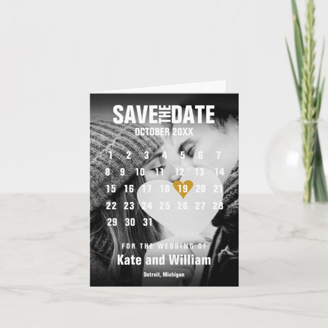 Faire-part Calendrier photo Modern Gold Heart Enregistrer la  (Devant)