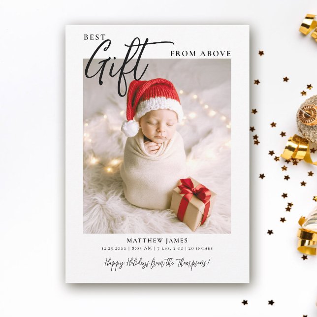Faire-part Calligraphie cadeau de Noël Moderne mignonne bébé  (christmas baby announcement winter minimalist simple photo calligraphy elegant cute adorable)
