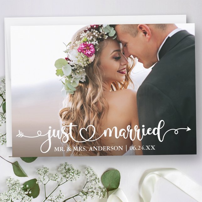 Faire-part Calligraphie Coeur juste marié photo Mariage (Customize to change your personalized text size, text style or to add text to back of card.)