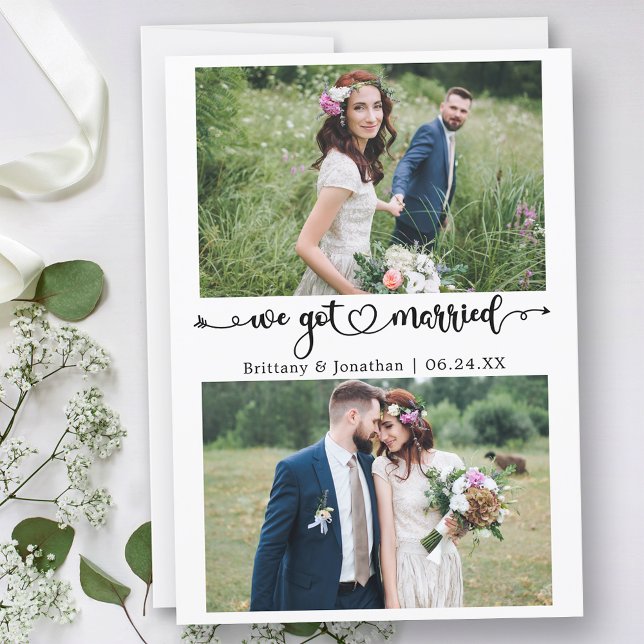 Faire-part Calligraphie Coeur Nous Nous Sommes Mariés 2 Photo (Customize to change your personalized text size, text style or to add text to back of card.)