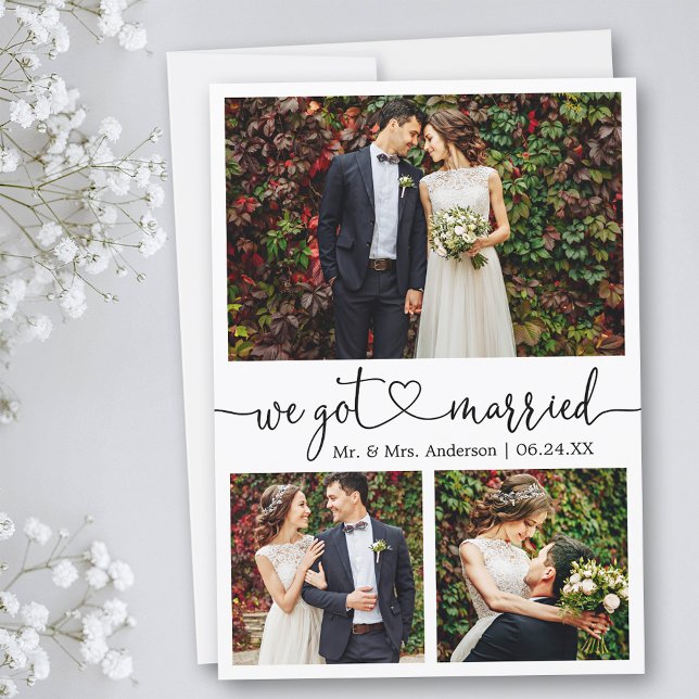 Faire-part Calligraphie Coeur Nous Nous Sommes Mariés 3 Photo (Customize to add text or more photos to back of card.)