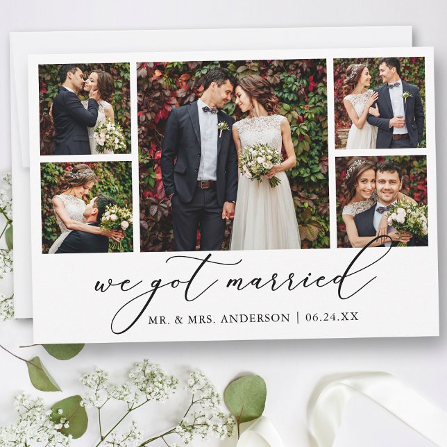 Faire-part Calligraphie minimaliste moderne 5 Photos Mariage (Customize to add text or more photos to back of card.)