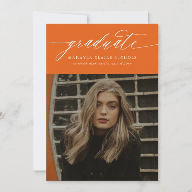 Faire-part Calligraphie moderne Deux photo Orange Graduation (Devant)