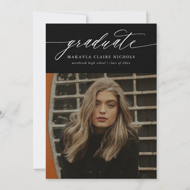 Faire-part Calligraphie moderne Deux photos noir Graduation (Devant)